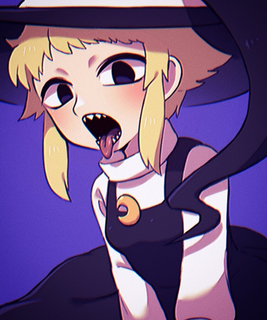 1girl black_dress black_eyes black_hat blonde_hair blush breasts commentary_request cookie_(touhou) cowboy_shot crescent crescent_pin dress gogogo_(cookie) hat highres kirisame_marisa looking_at_viewer open_mouth pinafore_dress purple_background s_(esumi_kihomaru) sharp_teeth shirt short_bangs short_hair simple_background sleeveless sleeveless_dress small_breasts solo teeth tongue tongue_out touhou turtleneck turtleneck_shirt white_shirt witch_hat