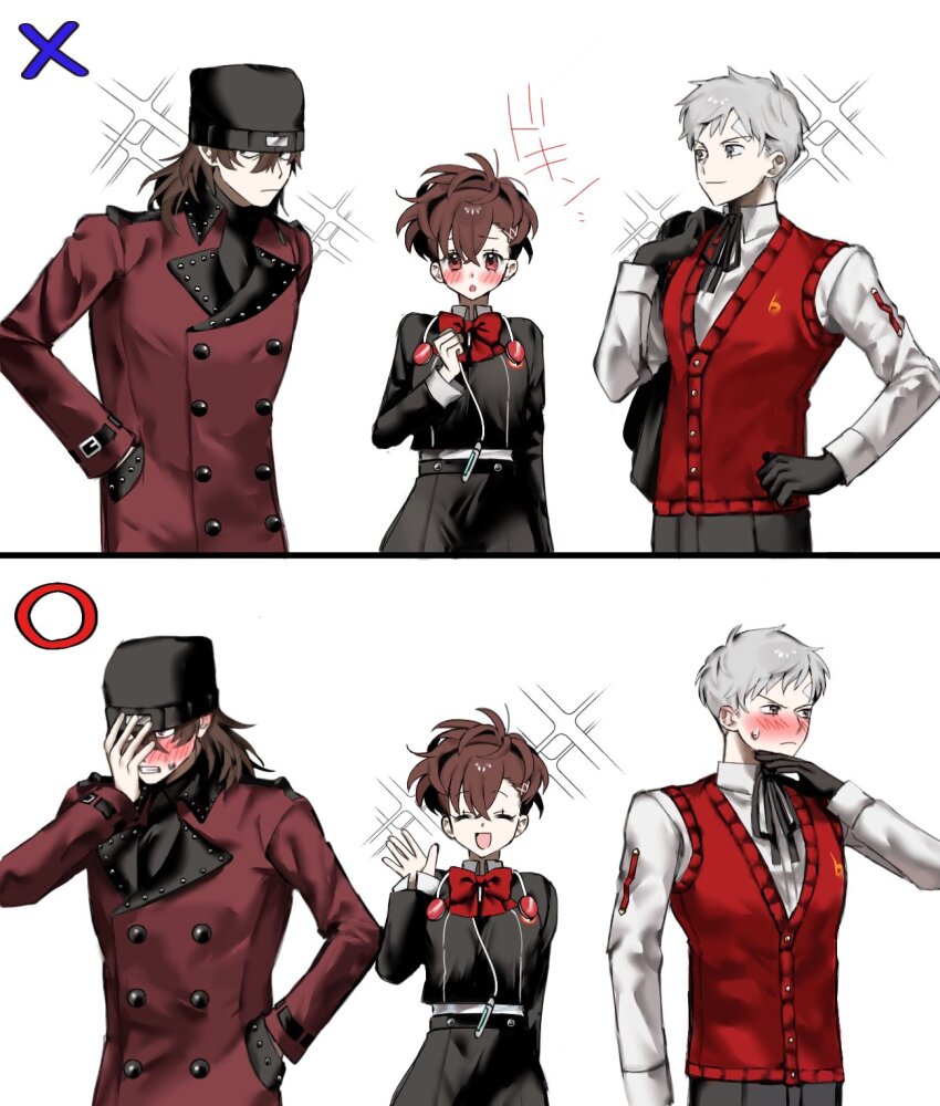 1girl 2boys aragaki_shinjirou arm_behind_back beanie black_gloves black_hat black_ribbon bow bowtie brown_hair closed_eyes closed_mouth coat collared_shirt commentary_request digital_media_player gekkoukan_high_school_uniform gloves grey_hair hand_in_pocket hand_on_own_hip hat highres jacket long_sleeves multiple_boys multiple_views or_i_i persona persona_3 persona_3_portable red_bow red_bowtie red_coat red_sweater_vest ribbon sanada_akihiko school_uniform shiomi_kotone shirt simple_background sparkle sweater_vest white_background white_shirt