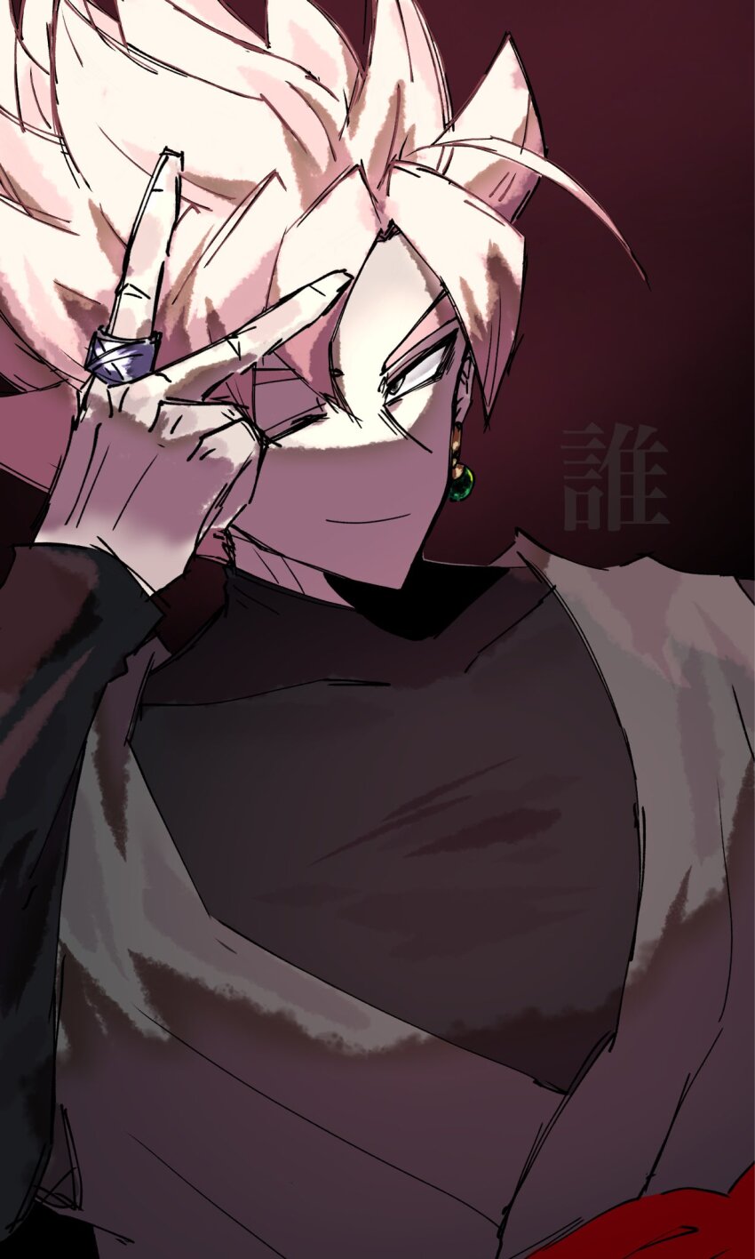 1boy black_bodysuit bodysuit dougi dragon_ball dragon_ball_super earrings goku_black grey_eyes highres jewelry long_sleeves looking_at_viewer one_eye_closed pink_hair potara_earrings red_sash ring saiyan sash smirk solo spiked_hair super_saiyan super_saiyan_rose v621 wink