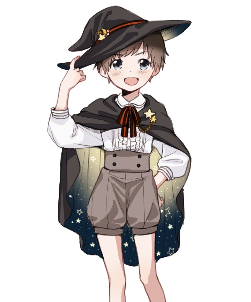 1boy brown_hair cape child green_eyes hand_on_own_hip hat highres looking_at_viewer male_focus open_mouth original piko_(pixiv) short_hair shorts solo white_background witch_hat