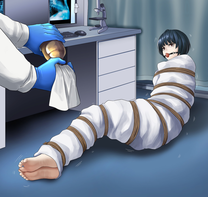 ball_gag barefoot bdsm blue_hair bondage bound breasts brown_eyes gag gagged highres persona persona_5 struggling takemi_tae yanx5