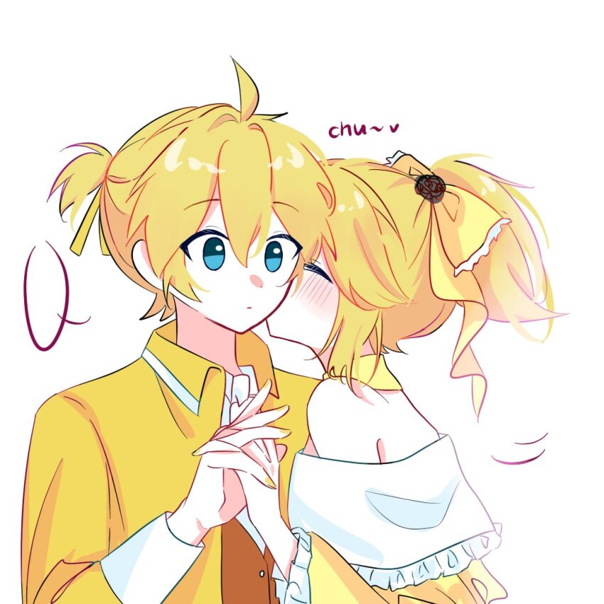1boy 1girl ahoge aku_no_meshitsukai_(vocaloid) aku_no_musume_(vocaloid) ascot bare_shoulders black_flower black_rose blank_speech_bubble blonde_hair blue_eyes blueberry_hedy blush bow brown_vest choker clueless coat collared_coat collared_jacket collared_shirt dress evillious_nendaiki flower frilled_sleeves frills hair_bow hair_flower hair_ornament high_ponytail interlocked_fingers jacket kagamine_len kagamine_rin kiss kissing_cheek leaning_forward off-shoulder_dress off_shoulder pale_skin ponytail rose shirt short_ponytail siblings sidelocks speech_bubble surprised twins updo vest vocaloid white_ascot white_shirt wide_sleeves yellow_bow yellow_choker yellow_coat yellow_dress yellow_jacket yellow_nails