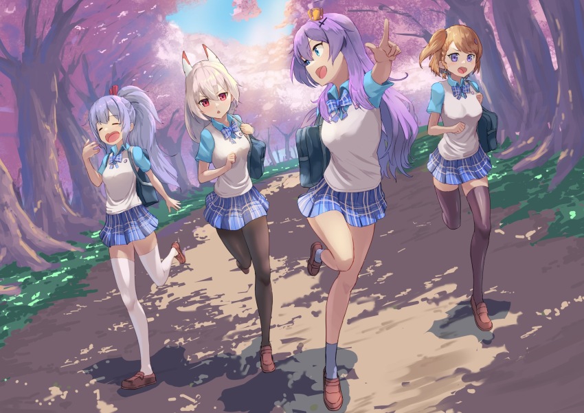 4girls ayanami_(azur_lane) azur_lane blonde_hair checkered_clothes checkered_skirt cherry_blossoms highres javelin_(azur_lane) javelin_(slow_ahead!)_(azur_lane) laffey_(azur_lane) multiple_girls plaid_clothes plaid_skirt purple_hair skirt z23_(azur_lane)