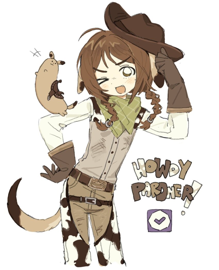 animal_print braid brown_eyes brown_hair child chinchilla_ears chinchilla_girl cow_print cowboy cowboy_hat cowboy_western english_text gloves hand_on_headwear hands_on_own_hips hat highres indie_virtual_youtuber mole mole_on_cheek mota_(motaberrie) motaberrie_(vtuber) one_eye_closed twin_braids western