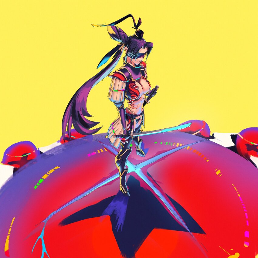 1girl armor blindfold breasts cleavage demon_pillar_(fate) dripping dual_wielding fate/grand_order fate_(series) full_body hair_bun hat highres holding holding_sword holding_weapon huislaya japanese_armor kote large_breasts long_hair looking_down navel parted_bangs side_ponytail single_hair_bun smile solo standing suneate sword taira_no_kagekiyo_(fate) taira_no_kagekiyo_(third_ascension)_(fate) tate_eboshi weapon yellow_background