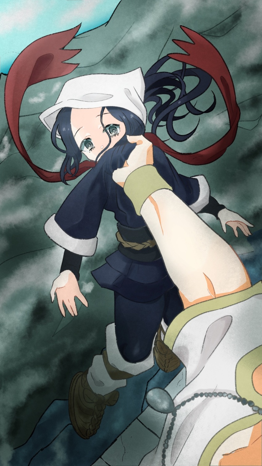1boy 1girl akari_(pokemon) black_hair black_kimono black_shirt black_shorts brown_shoes carrying cliff clothes_grab dangling facing_another facing_to_the_side grey_eyes gripping_clothes headscarf highres implied_murder japanese_clothes kari_nkori_n kimono leaning_back looking_at_another mountain nintendo open_hand out_of_frame outdoors outstretched_arm pokemon pokemon_legends:_arceus red_scarf scarf shirt shoes shorts socks turning_head volo_(pokemon) white_headscarf white_shirt white_socks wrist_cuffs yellow_trim yellow_wrist_cuffs