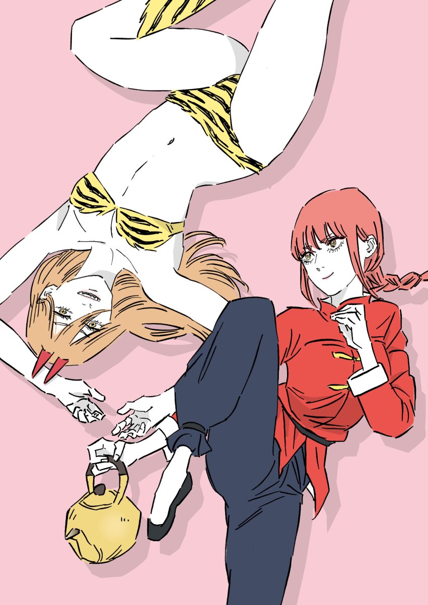 absurdres animal_print bandeau bikini braid braided_ponytail breasts brown_hair chainsaw_man chinese_clothes commentary cosplay cross-shaped_pupils flat_chest hair_between_eyes highres holding holding_kettle horns kettle lum lum_(cosplay) makima_(chainsaw_man) medium_breasts navel power_(chainsaw_man) ranma-chan ranma-chan_(cosplay) ranma_1/2 red_hair red_horns ringed_eyes senaka_look single_braid smile standing standing_on_one_leg strapless strapless_bikini swimsuit symbol-shaped_pupils tiger_print urusei_yatsura yellow_bandeau yellow_bikini yellow_eyes