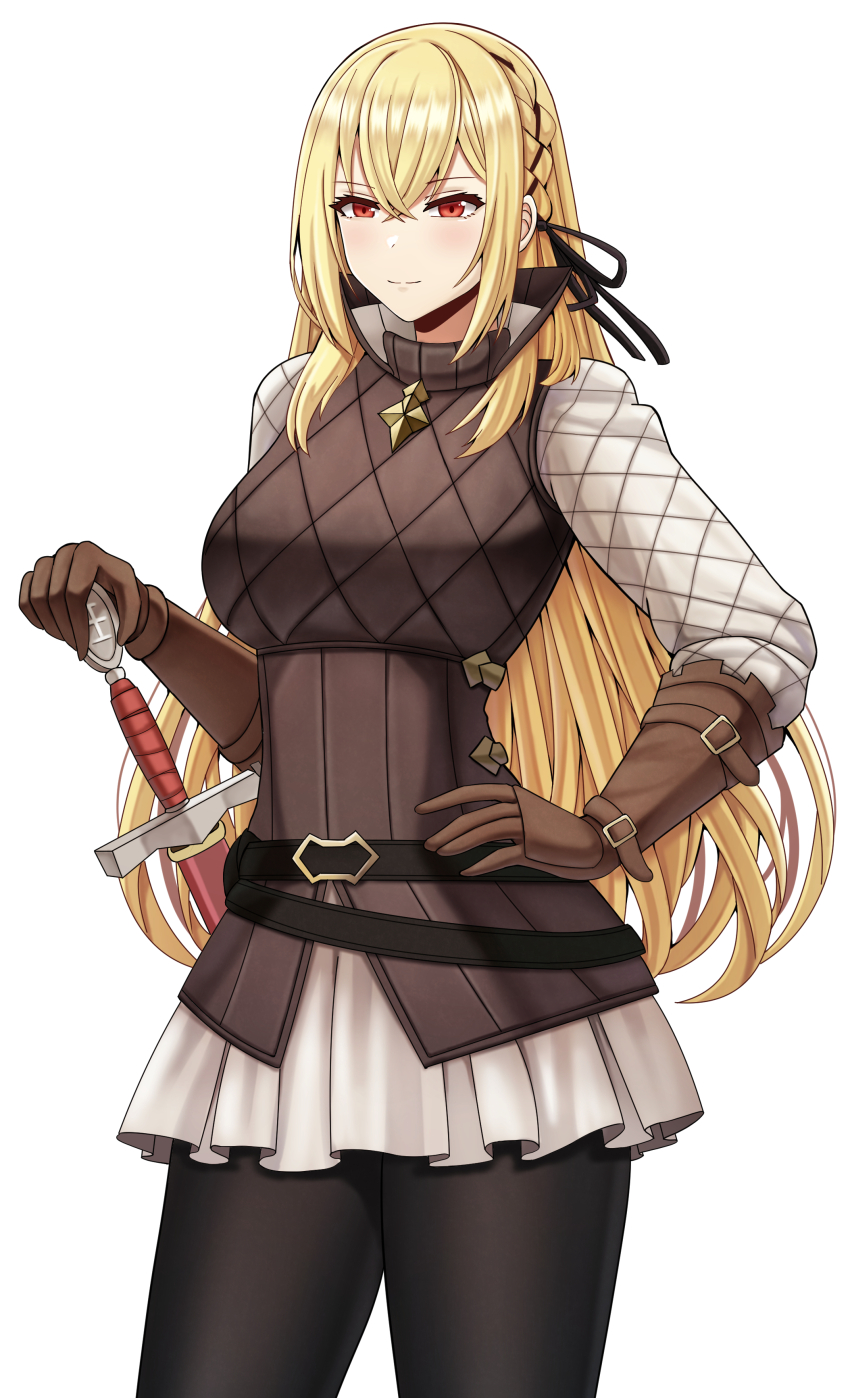 1girl absurdres azur_lane blonde_hair commentary commission cosplay cowboy_shot english_commentary fire_emblem fire_emblem_fates highres king_george_v_(azur_lane) long_hair nintendo red_eyes saikunartworks selena_(fire_emblem_fates) selena_(fire_emblem_fates)_(cosplay) simple_background sword weapon white_background