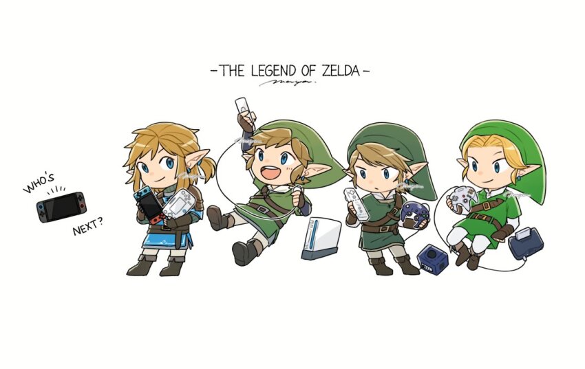 4boys belt blonde_hair blue_eyes blue_tunic boots brown_belt brown_boots brown_gloves brown_pants champion&#039;s_tunic_(zelda) closed_mouth commentary controller copyright_name earrings english_commentary english_text fingerless_gloves fold-over_boots game_console game_controller gamecube gamecube_controller gloves green_hat green_tunic handheld_game_console hat holding holding_controller holding_game_controller holding_handheld_game_console in-franchise_crossover jewelry layered_sleeves link long_sleeves looking_at_viewer male_focus maya_(mayamayammy) multiple_boys multiple_persona nintendo nintendo_64 nintendo_64_controller nintendo_switch nintendo_switch_2 nunchuk_(wii) open_mouth pants pointy_ears ponytail short_hair short_over_long_sleeves short_ponytail short_sleeves shoulder_belt sidelocks signature simple_background smile teeth the_legend_of_zelda the_legend_of_zelda:_breath_of_the_wild the_legend_of_zelda:_ocarina_of_time the_legend_of_zelda:_skyward_sword the_legend_of_zelda:_twilight_princess tunic upper_teeth_only white_background white_pants wii wii_remote
