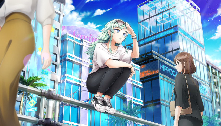 3girls bag black_pants blue_eyes blue_sky bracelet brown_hair brown_pants closed_mouth clothes_writing collarbone day dolphin_wave eyewear_on_head full_body game_cg green_hair handbag highres jewelry kishimen_hair long_hair looking_to_the_side multiple_girls non-web_source office_lady official_art ootomo_takuji outdoors pants selena_lewis shirt shoes short_hair short_sleeves sidelocks sky sneakers solo_focus squatting sunglasses white_shirt