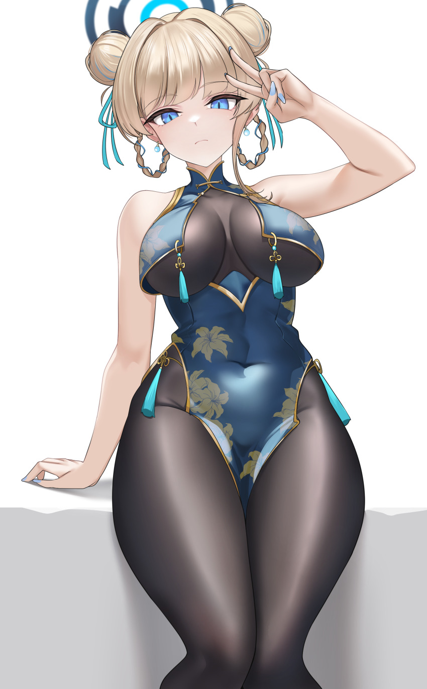1girl absurdres black_pantyhose blonde_hair blue_archive blue_dress blue_eyes blue_halo blue_nails breasts china_dress chinese_clothes closed_mouth covered_navel double_bun dress feet_out_of_frame fingernails hair_bun halo highres jinpaitugounan looking_at_viewer medium_breasts nail_polish pantyhose short_hair sleeveless sleeveless_dress solo toki_(blue_archive)