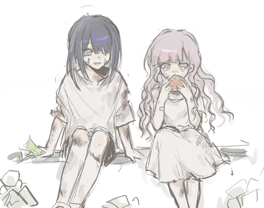 1833529948 1boy 1girl alternate_costume black_hair black_shorts brother_and_sister chinese_commentary commentary_request crying crying_with_eyes_open curly_hair dress hair_over_one_eye highres long_hair open_mouth pink_eyes pink_hair purple_eyes shirt shorts siblings sitting sketch smile tears the_hundred_line_-last_defense_academy- torn_clothes torn_sleeves tsukumo_ima tsukumo_kako twins white_background white_dress white_shirt