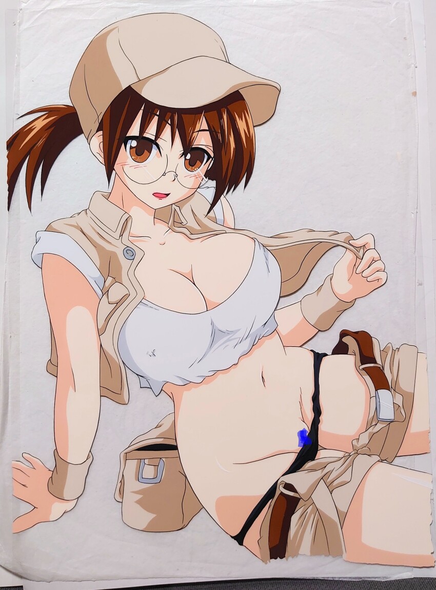 1girl absurdres arm_support baseball_cap belt black_panties blush breasts brown_eyes brown_hair brown_shorts brown_vest censored cleavage clothes_pull covered_erect_nipples crop_top cropped_vest fanny_pack female_focus fio_germi glasses hasamimushi hat highres large_breasts matching_hair/eyes metal_slug no_bra open_mouth panties panty_pull photo_(medium) ponytail pussy round_eyewear scribble_censor shirt short_shorts shorts shorts_pull sitting snk solo traditional_media underwear vest white_shirt wristband