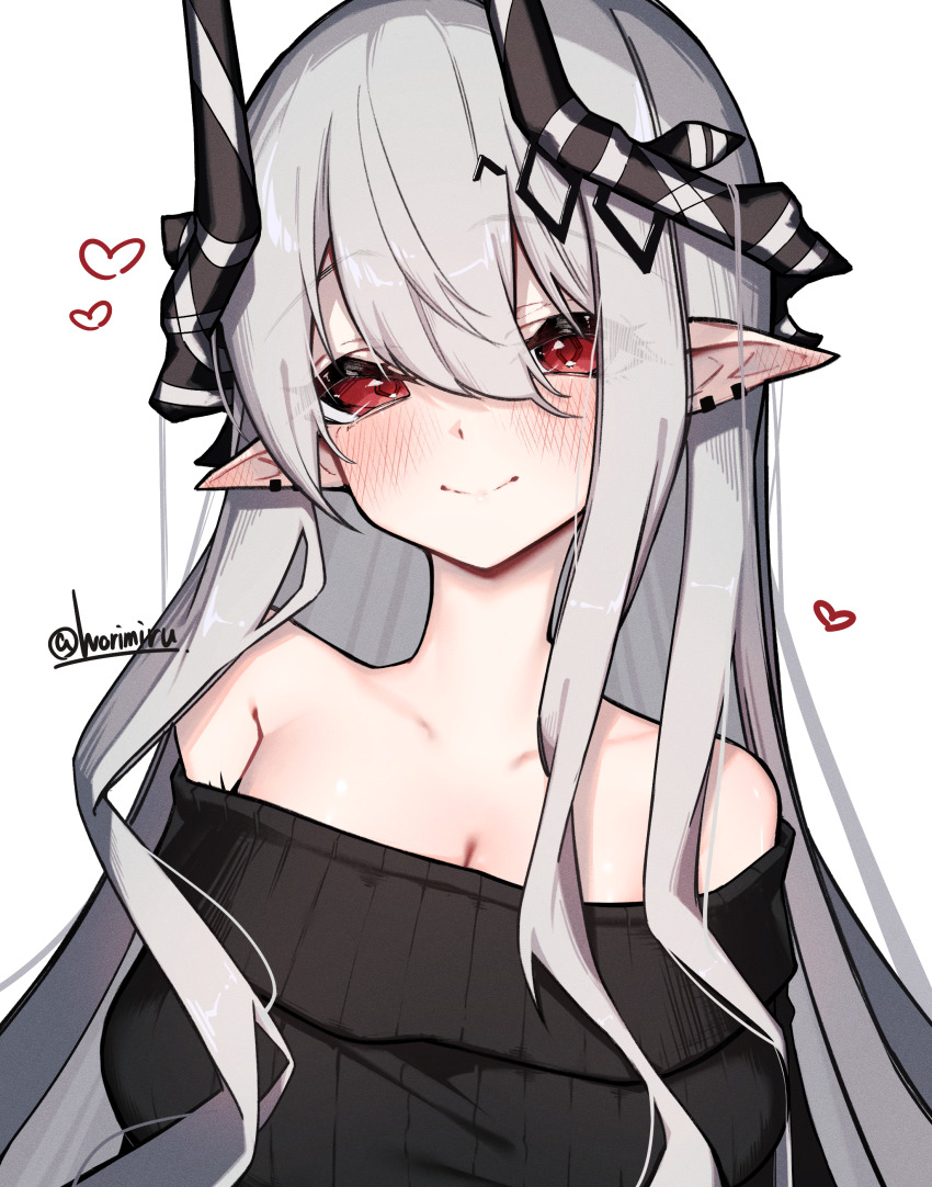 1girl absurdres alternate_costume arknights bare_shoulders black_horns black_sweater blush breasts cleavage closed_mouth collarbone commentary_request ear_blush ear_piercing grey_hair hair_between_eyes heart highres horns large_breasts long_hair looking_at_viewer mudrock_(arknights) off_shoulder partial_commentary piercing pointy_ears red_eyes ribbed_sweater simple_background smile solo sweater twitter_username white_background worimehl