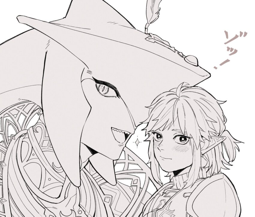 2boys armor blush closed_mouth commentary_request fins fish_boy greyscale head_fins headpiece jewelry link long_pointy_ears looking_at_viewer looking_to_the_side male_focus monochrome multiple_boys necklace nintendo pauldrons pointy_ears ponytail sharp_teeth short_ponytail shoulder_armor sideways_glance sidon simple_background sparkle teeth teto_ten the_legend_of_zelda the_legend_of_zelda:_breath_of_the_wild tongue upper_body upper_teeth_only white_background zora