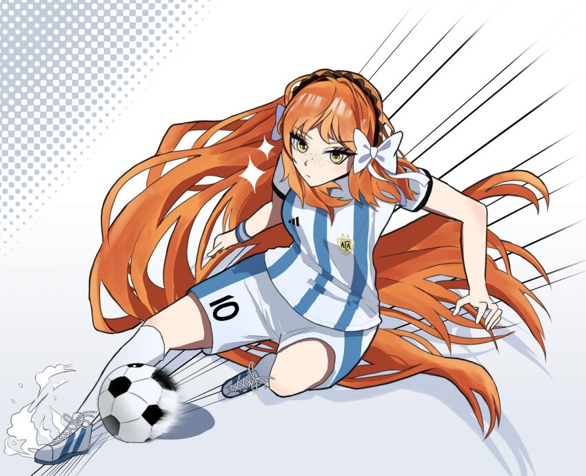 1girl adidas ball highres ishmael_(project_moon) kneehighs ld0blev limbus_company long_hair orange_hair project_moon shoes soccer soccer_ball soccer_uniform socks solo sportswear very_long_hair white_socks