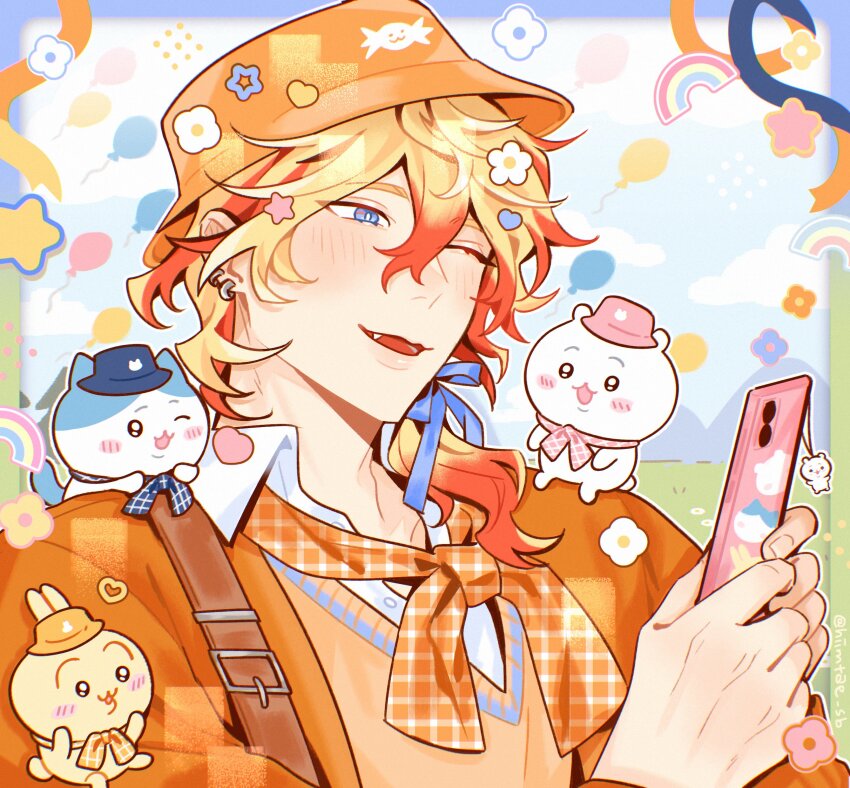 1boy :3 absurdres alternate_costume alternate_hairstyle artist_name axel_syrios axelotl_(axel_syrios) balloon blonde_hair blue_eyes blue_hat blue_neckerchief blue_ribbon blush blush_stickers bucket_hat buckle cellphone cellphone_charm charm_(object) chiikawa chiikawa_(character) cloud collarbone collared_shirt commentary crossover earrings english_commentary fang fingernails flower hachiware_(chiikawa) hair_between_eyes hands_up hat highres hiimtae_sb holding holding_phone holostars holostars_english jacket jewelry long_bangs multicolored_hair multicolored_ribbon multiple_earrings neckerchief on_shoulder one_eye_closed open_clothes open_jacket open_mouth orange_hat orange_jacket orange_neckerchief orange_ribbon orange_sweater_vest phone pink_hat pink_neckerchief plaid_clothes plaid_neckerchief portrait print_hat rainbow red_hair ribbon shirt short_hair signature sitting size_difference smartphone smile solo standing star_(symbol) sticker strap streaked_hair sweater_vest tongue twitter_username usagi_(chiikawa) virtual_youtuber white_shirt