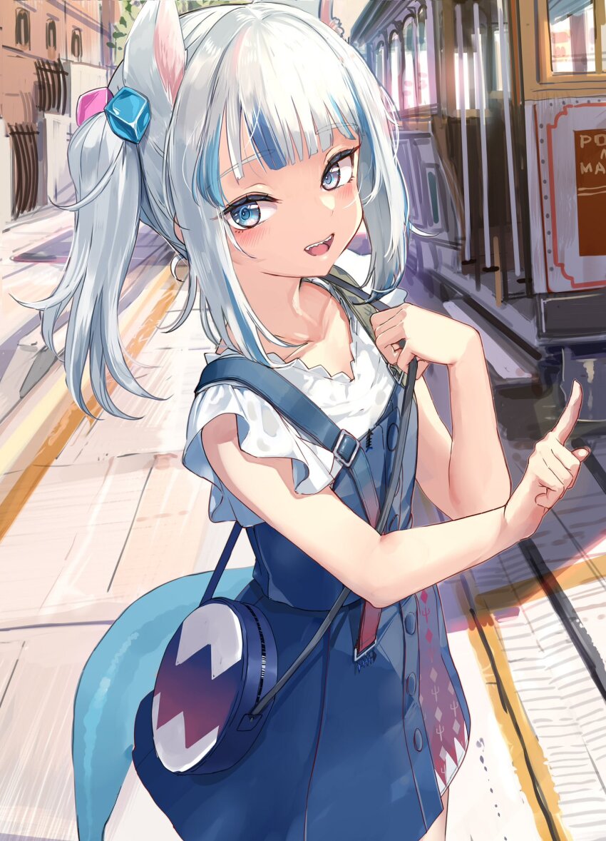 1girl :d akasaai animal_ears bag blue_bag blue_dress blue_eyes blue_hair blunt_bangs cat_ears cube_hair_ornament day dress extra_ears fins fish_tail frilled_sleeves frills gawr_gura gawr_gura_(casual) grey_hair hair_ornament highres hololive hololive_english looking_at_viewer medium_hair multicolored_hair official_alternate_costume official_alternate_hairstyle open_mouth outdoors pinafore_dress shark_girl shark_tail sharp_teeth shirt short_sleeves shoulder_bag side_ponytail sleeveless sleeveless_dress smile solo streaked_hair suspenders tail teeth upper_teeth_only virtual_youtuber white_shirt