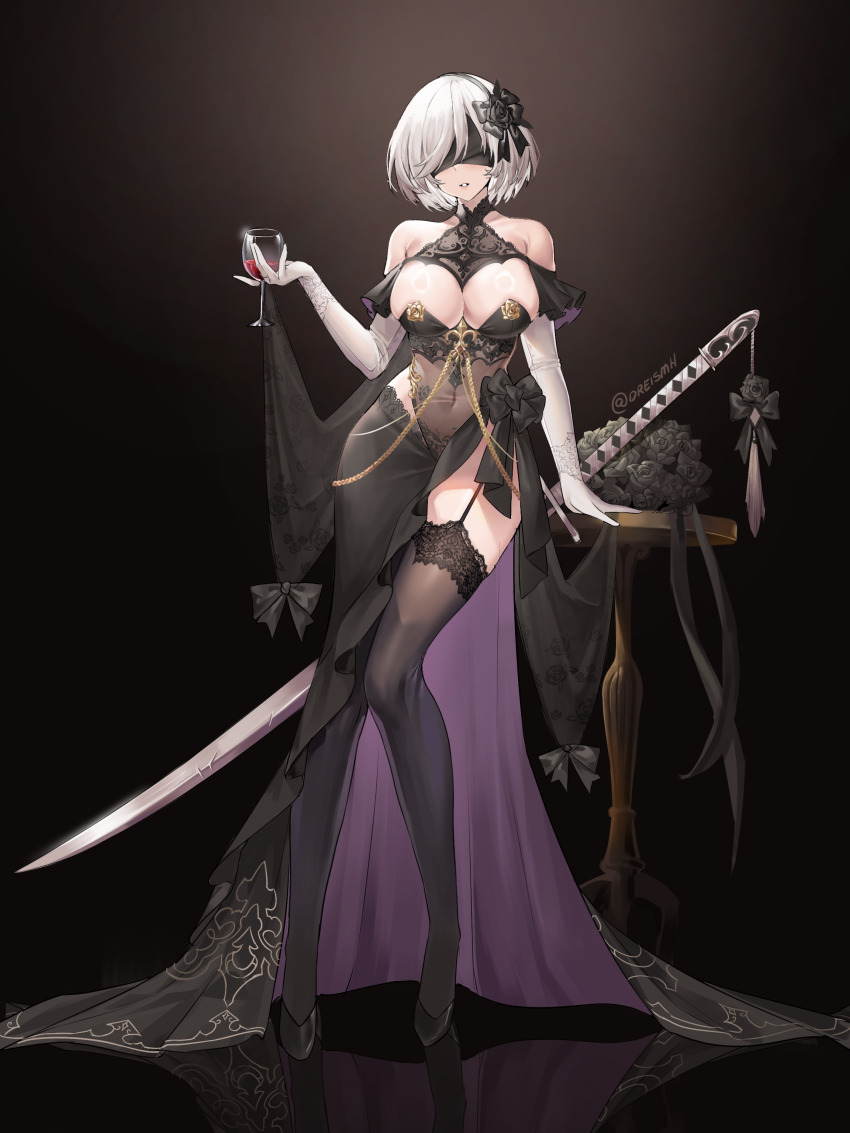 1girl 2b_(nier:automata) absurdres alternate_costume bare_shoulders black_background black_dress black_flower black_garter_straps black_hairband black_rose black_thighhighs blindfold bow breasts cleavage covered_navel cup dreiworks dress drinking_glass elbow_gloves flower full_body garter_straps gloves gradient_background hair_bow hairband high_heels highres holding holding_cup large_breasts nier:automata nier_(series) ootachi parted_lips reflective_floor rose side_slit simple_background solo standing sword tassel thighhighs weapon white_gloves white_hair wine_glass