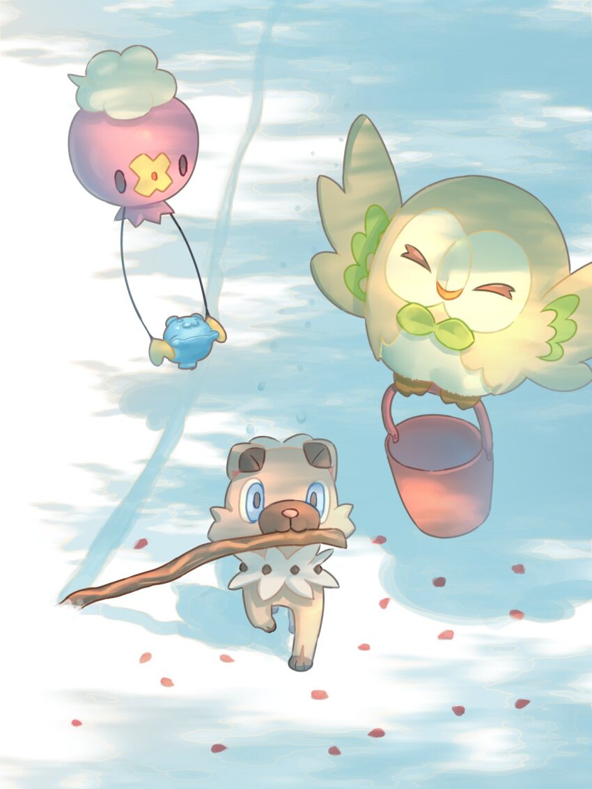 animal_focus bird blue_eyes bow bowtie brown_fur closed_eyes colored_skin commentary_request dog drifloon flying from_above gen_4_pokemon gen_7_pokemon green_bow green_bowtie highres mokukitusui nintendo no_humans owl pokemon pokemon_(creature) purple_skin rockruff rowlet shadow snow solid_oval_eyes stick