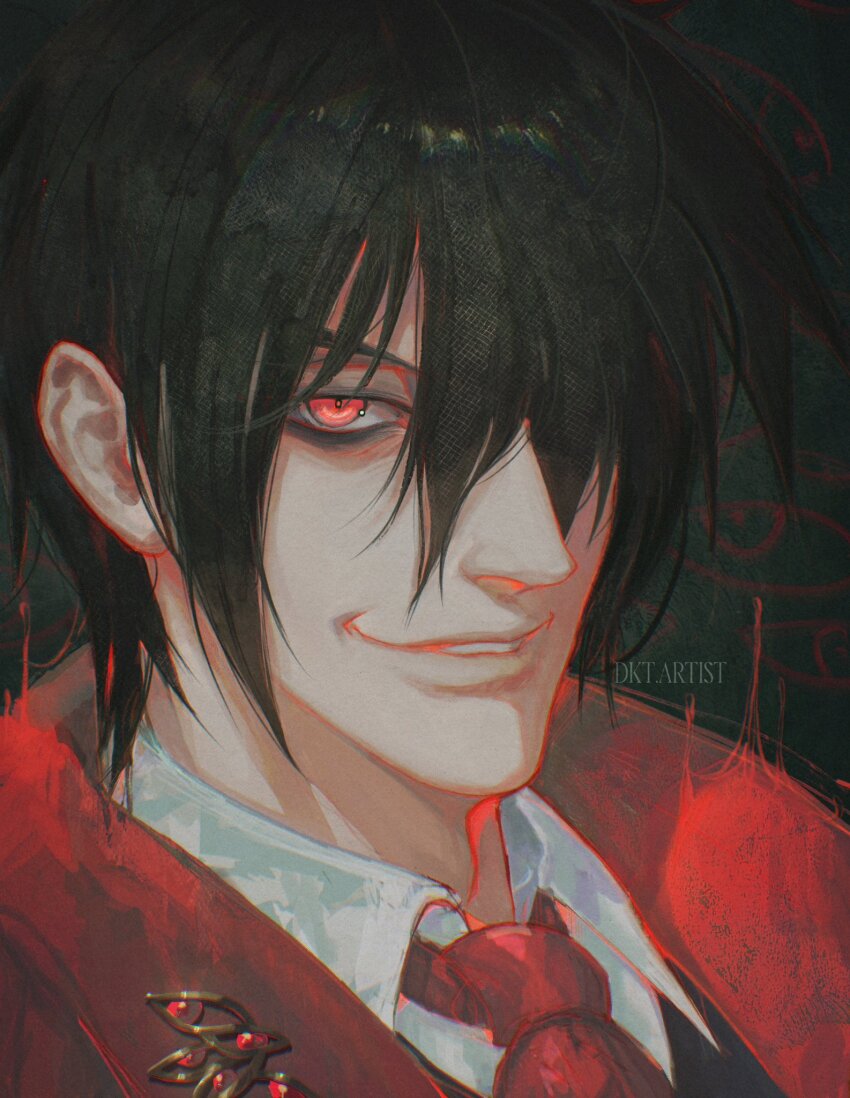 1boy alucard_(hellsing) artistdkt black_hair hair_over_one_eye hellsing highres looking_at_viewer male_focus mature_male necktie nose red_eyes red_necktie short_hair simple_background smile solo vampire