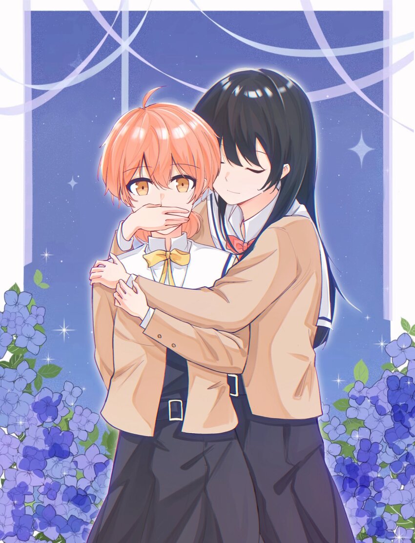 2girls ahoge black_dress black_hair brown_shirt closed_eyes closed_mouth commentary covering_another&#039;s_mouth dress hair_between_eyes hashtag-only_commentary highres hug koito_yuu long_hair long_sleeves mim120809 multiple_girls nanami_touko neck_ribbon orange_eyes orange_hair pink_hair red_ribbon ribbon school_uniform shirt short_hair tohmi_higashi_high_school_uniform yagate_kimi_ni_naru yellow_ribbon yuri