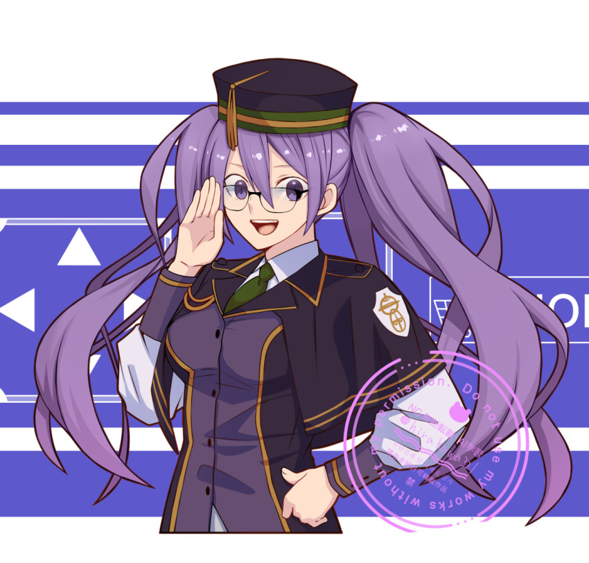 1girl adjusting_eyewear black_capelet black_hat capelet cowboy_shot fate/grand_order fate_(series) glasses hat hirakawa long_hair purple_eyes purple_hair sion_eltnam_(type-moon) sion_eltnam_sokaris very_long_hair