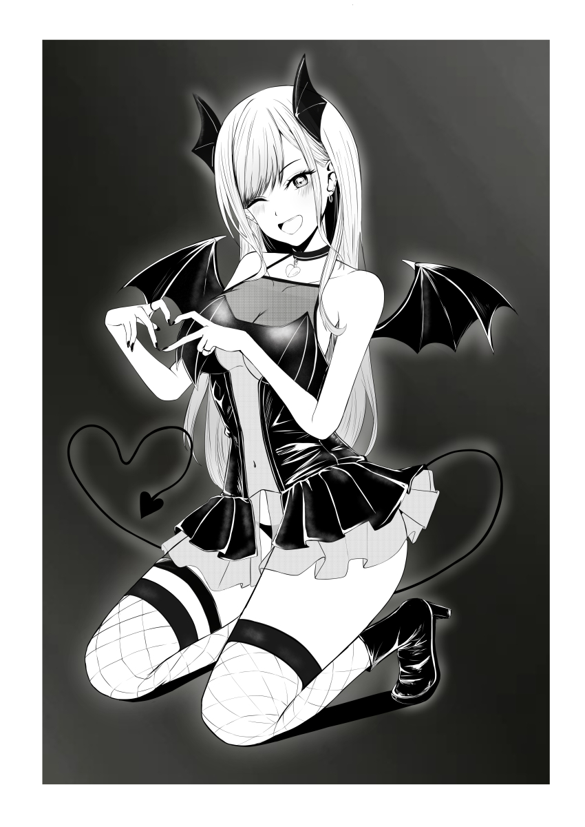 1girl absurdres bare_shoulders batto_neko blush border breasts demon_girl demon_horns demon_tail demon_wings full_body grey_background greyscale head_wings heart heart_hands highres horns kitagawa_marin kneeling large_breasts long_hair monochrome multiple_wings one_eye_closed see-through_clothes simple_background solo sono_bisque_doll_wa_koi_wo_suru tail white_border wings