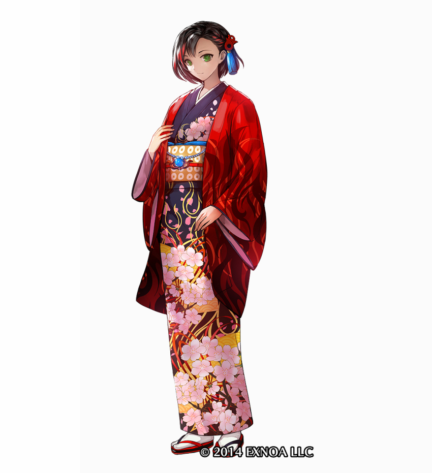 1girl black_hair check_commentary commentary_request green_eyes hair_ornament highres japanese_clothes kimono moreshan official_art oshiro_project:re red_robe robe sanada_yukimura sandals short_hair socks solo tabi watermark white_background white_socks