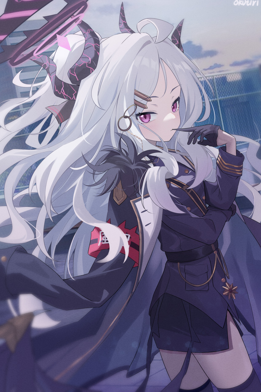 1girl absurdres black_gloves black_halo black_horns blue_archive exusiai_dust fur_trim gloves grey_hair halo highres hina_(blue_archive) horns long_hair long_sleeves looking_at_viewer low_wings military_uniform pink_eyes solo standing thighs wings