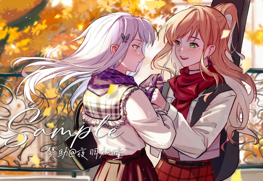 2girls backpack bag bang_dream! black_bag black_choker brown_hair chinese_commentary choker closed_mouth commentary_request floating_hair green_eyes half_updo hero45439083942 highres imai_lisa light_particles long_hair minato_yukina multiple_girls open_mouth plaid_clothes plaid_scarf purple_scarf red_scarf red_skirt sample_watermark scarf shirt sidelocks signature skirt teeth upper_teeth_only watermark white_hair white_shirt yellow_eyes