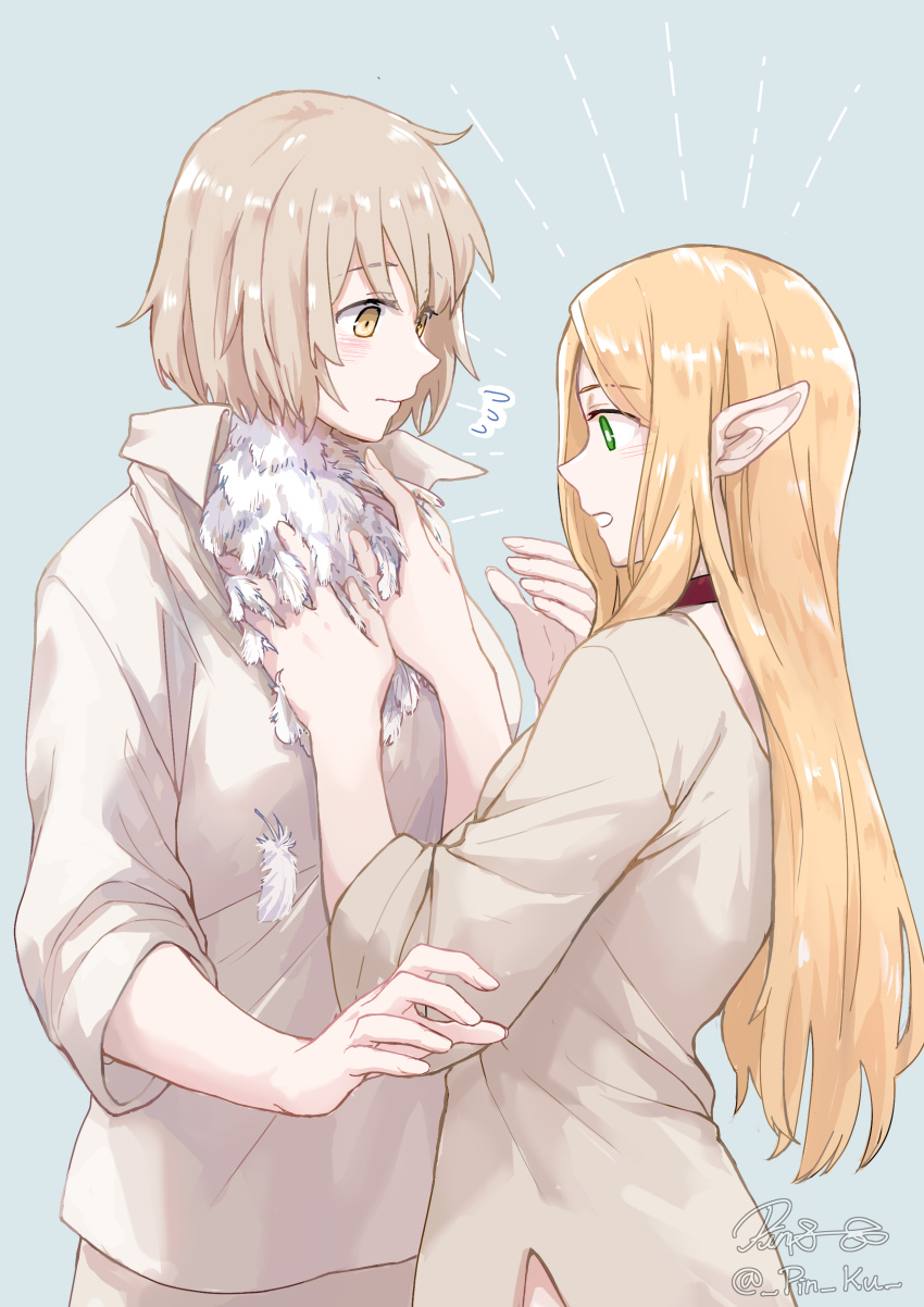 2girls absurdres blonde_hair blue_background blush bright_pupils brown_shirt choker collared_shirt cowboy_shot dungeon_meshi elf falin_touden falin_touden_(chimera) feathers flying_sweatdrops from_side hands_on_another&#039;s_chest highres long_hair looking_at_another marcille_donato multiple_girls pin.s pointy_ears red_choker shirt short_hair signature simple_background standing twitter_username white_pupils yellow_eyes