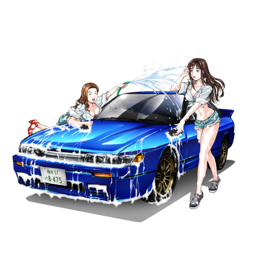 2girls black_footwear blue_car breasts brown_eyes brown_hair car casual cleavage closed_eyes converse crop_top crossed_legs day denim denim_shorts dress female_focus groin hair_behind_ear hair_over_shoulder high_heels huge_breasts initial_d jewelry leaning_forward leg_lift legs lips long_hair medium_breasts midriff motor_vehicle multiple_girls navel no_socks official_alternate_costume official_art open_clothes outdoors parted_bangs parted_lips plaid_clothes plaid_dress pocket polo_shirt red_footwear red_lips right-hand_drive satou_mako sayuki sayuki_(initial_d) shadow shin_gekijouban_initial_d shoes short_shorts shorts sil-eighty simple_background smile sneakers soap sponge sports_car standing swept_bangs third-party_source vehicle_focus water wavy_hair wet wet_clothes white_background