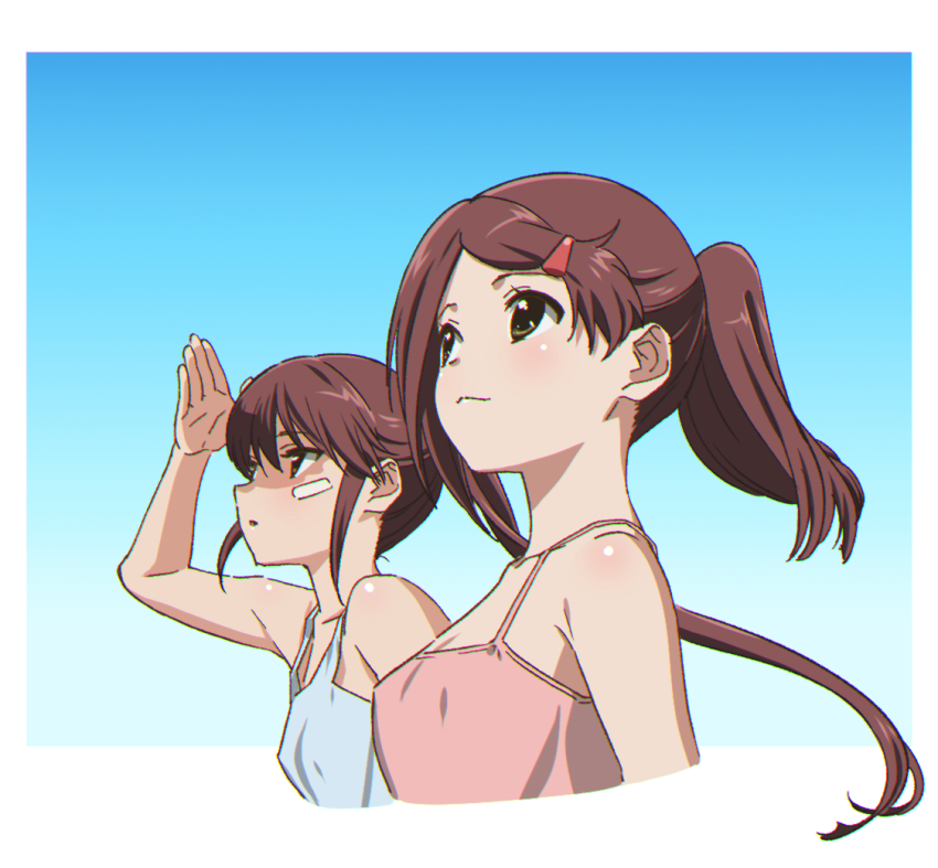 2girls bandaid bandaid_on_cheek bandaid_on_face blue_camisole brown_eyes brown_hair camisole check_commentary closed_mouth commentary_request hair_ornament hairclip kissxsis long_hair multiple_girls parted_lips ponytail red_camisole shitaya_tomoyuki siblings sisters smile suminoe_ako suminoe_riko twins upper_body