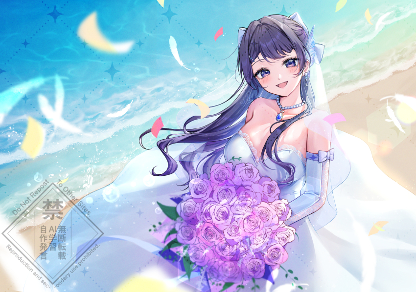 1girl bare_shoulders beach blush bouquet bow breasts cleavage collarbone commentary_request commission day dress elbow_gloves flower gloves highres holding holding_bouquet indie_virtual_youtuber jewelry large_breasts long_hair looking_at_viewer netarou_(netarou_25) open_mouth outdoors pendant purple_eyes purple_flower purple_hair signature skeb_commission solo strapless strapless_dress very_long_hair virtual_youtuber water watermark white_bow white_dress white_gloves