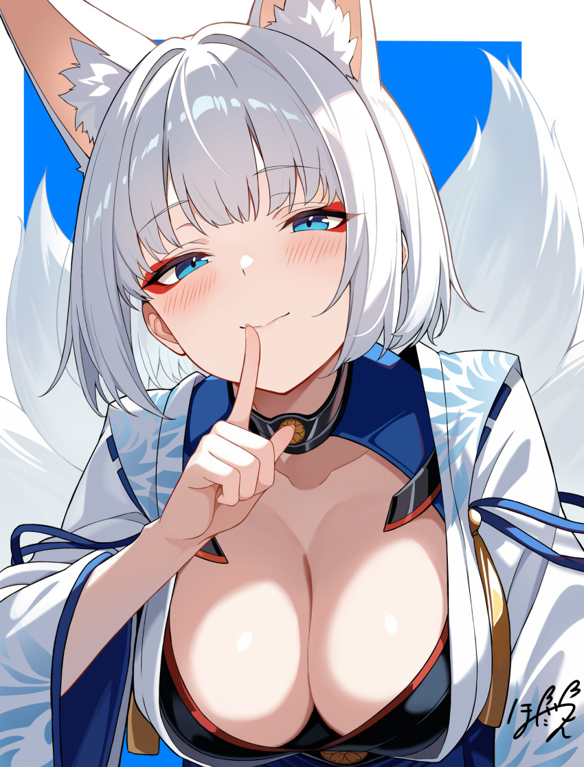 1girl animal_ear_fluff animal_ears azur_lane blue_eyes blush breasts cleavage closed_mouth commentary_request eyeliner eyeshadow fox_ears fox_girl highres honyara-san index_finger_raised japanese_clothes kaga_(azur_lane) kimono kitsune kyuubi large_breasts looking_at_viewer makeup multiple_tails red_eyeshadow short_hair signature smile solo tail white_hair white_kimono
