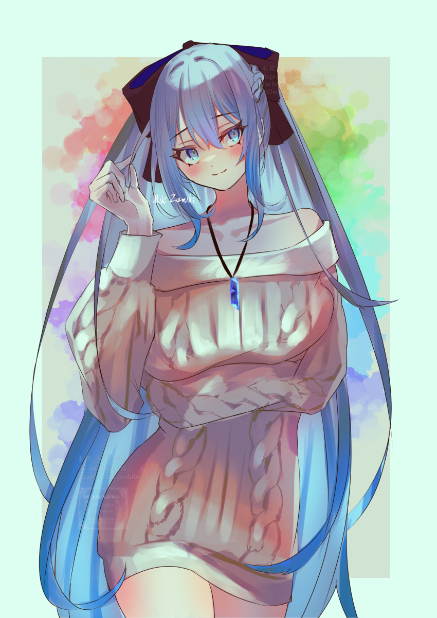 1girl black_bow blue_eyes bow braid breasts fate/grand_order fate_(series) grey_hair hair_bow half_up_braid highres jewelry large_breasts long_hair morgan_le_fay_(fate) necklace ponytail ribbed_sweater sidelocks solo sweater thighs very_long_hair zumiki