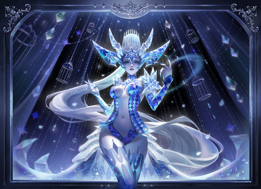 1girl armor artist_name birdcage blue_arm_warmers blue_crown blue_eyeshadow blue_hair blue_leotard blue_nails blue_skin border breasts breasts_apart cage closed_mouth clothing_cutout colored_skin cowboy_shot crown cryonaia_(afk) eyeshadow fingernails from_below hands_up inset_border large_breasts leotard looking_at_viewer makeup navel_cutout ornate_border outside_border sharp_fingernails solo straight-on valtear very_long_fingernails white_hair