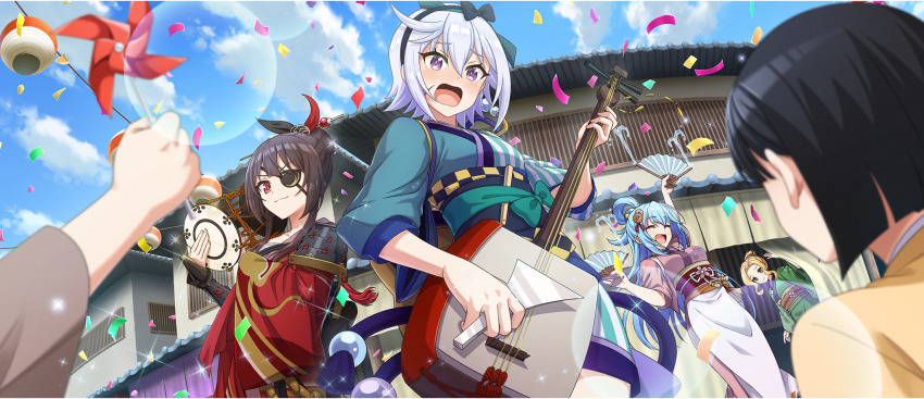 4girls apron aqua_(konosuba) aqua_kimono architecture black_hairband blonde_hair blue_hair blue_sky bow bow_hairband brown_hair chris_(konosuba) closed_eyes cloud cloudy_sky confetti day drum east_asian_architecture edo_jidai eyepatch facial_scar flower folded_ponytail from_below furrowed_brow game_cg green_kimono grey_hair hair_between_eyes hair_bow hair_bun hair_flower hair_ornament hair_rings hair_stick hairband hand_fan highres holding holding_instrument instrument japanese_clothes kimono kono_subarashii_sekai_ni_shukufuku_wo! konosuba!_fantastic_days light_blue_hair long_hair looking_at_viewer looking_down luna_(konosuba) megumin multiple_girls music obi obijime official_alternate_costume official_alternate_hairstyle official_art open_mouth outdoors pink_kimono playing_instrument purple_eyes red_eyes red_kimono sash scar scar_on_cheek scar_on_face shamisen short_hair short_hair_with_long_locks short_kimono side_ahoge sidelocks single_hair_bun single_hair_ring sky striped_clothes striped_kimono tokyo_(city) tsuzumi v-shaped_eyebrows vertical-striped_clothes vertical-striped_kimono waist_apron yellow_eyes