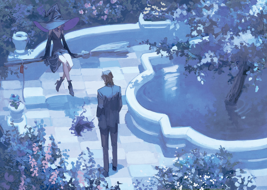 1boy 1girl bare_shoulders black_dress black_headwear boots breasts broom broom_riding brown_hair cleavage detached_sleeves dress flower formal_clothes fountain from_above from_behind garden genderswap genderswap_(mtf) grey_footwear grey_jacket grey_pants grey_suit gundam gundam_00 hands_in_pockets hat high_heels huangdanlan jacket lockon_stratos medium_hair outdoors pants plant purple_hair purple_headwear shoes sitting standing suit tieria_erde tree two-tone_headwear wide_shot witch witch_hat