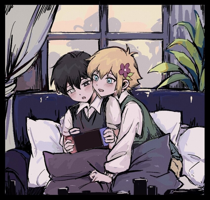 2boys alternate_costume antenna_hair basil_(faraway)_(omori) basil_(omori) black_border black_eyes black_hair black_sweater_vest blonde_hair blue_eyes blush border bright_pupils collared_shirt couch day flower green_sweater_vest hair_flower hair_ornament handheld_game_console highres holding holding_handheld_game_console indoors long_sleeves male_focus multiple_boys nintendo_switch niu_tata omori open_mouth pillow shirt short_hair short_sleeves sitting smile spoilers sunny_(omori) sweater_vest white_pupils white_shirt window