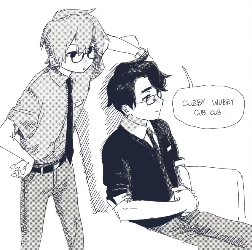 2boys animification bespectacled collared_shirt cubfan135 english_text glasses grian_(permit_office)_(hermitcraft) grian_(youtuber) hermitcraft highres male_focus minecraft_youtube mipaihere monochrome multiple_boys necktie official_alternate_costume screentones shirt short_hair simple_background sitting sketch speech_bubble white_background