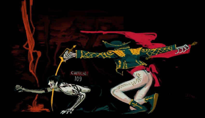 2boys absurdres all_fours from_behind bad_end bicorne black_hair blood blood_from_mouth crawling critical_hit cropped_jacket damage_numbers dark_background death defeat demi-fiend facial_mark from_side full-body_tattoo gameplay_mechanics gold_trim green_hat green_jacket hat highres holding holding_sword holding_weapon impaled in_the_face jacket male_focus matador matador_(megami_tensei) muleta multiple_boys outstretched_hand pants profile rapier reaching red_sash sash shin_megami_tensei shin_megami_tensei_iii:_nocturne short_hair spanish_clothes squatting stab sword tattoo thefaiao topless_male weapon white_pants yellow_eyes