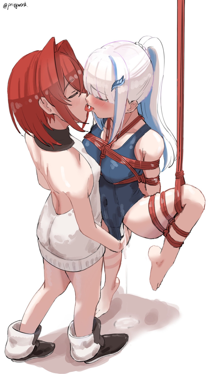 2girls absurdres ange_katrina backless_outfit bare_arms bare_shoulders barefoot bdsm black_footwear blue_hair blue_one-piece_swimsuit blush bondage bound bound_leg breasts closed_eyes commentary_request dildo hair_intakes hair_ornament highres large_breasts lize_helesta long_hair multicolored_hair multiple_girls nijisanji object_insertion one-piece_swimsuit ponytail prixy pussy_juice pussy_juice_on_fingers pussy_juice_puddle red_hair restrained rope_marks school_swimsuit sex_toy shibari standing standing_on_one_leg streaked_hair sweater swimsuit tongue tongue_out twitter_username vaginal vaginal_object_insertion virtual_youtuber white_hair white_sweater yuri
