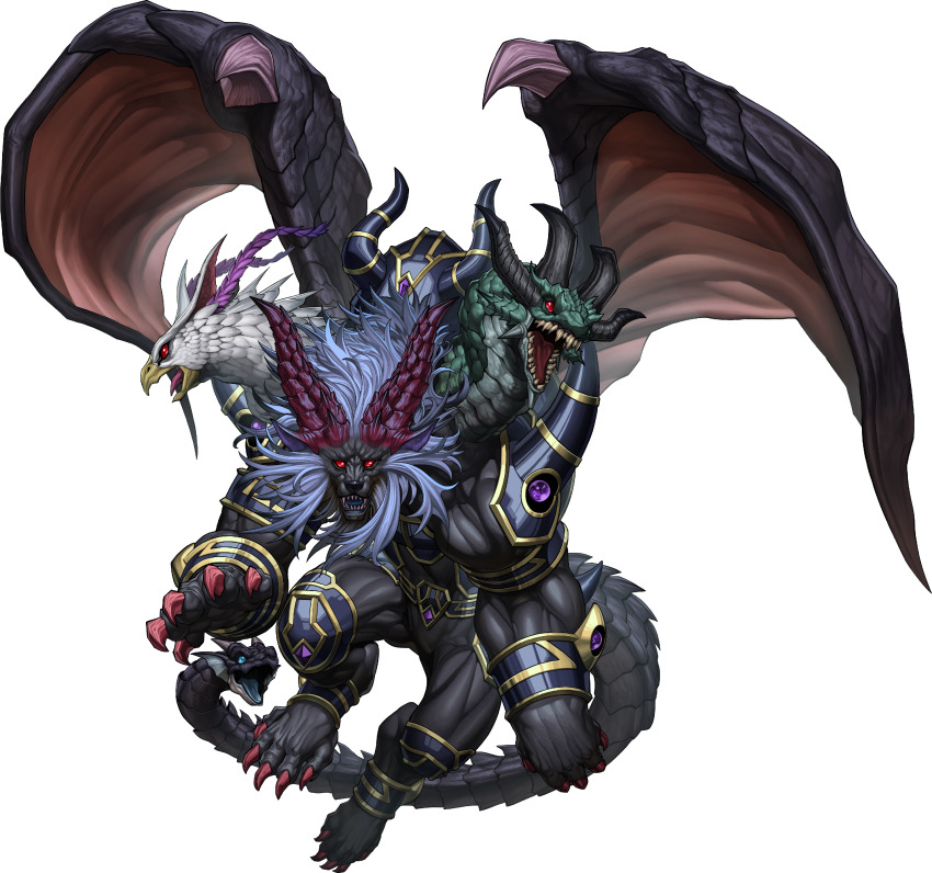 absurdres bird bull chimera claws dragon eagle fangs feathers full_body guardian_chimera highres horns konami lion monster official_art red_eyes scales simple_background snake snake_tail tail transparent_background wings yu-gi-oh! yu-gi-oh!_master_duel