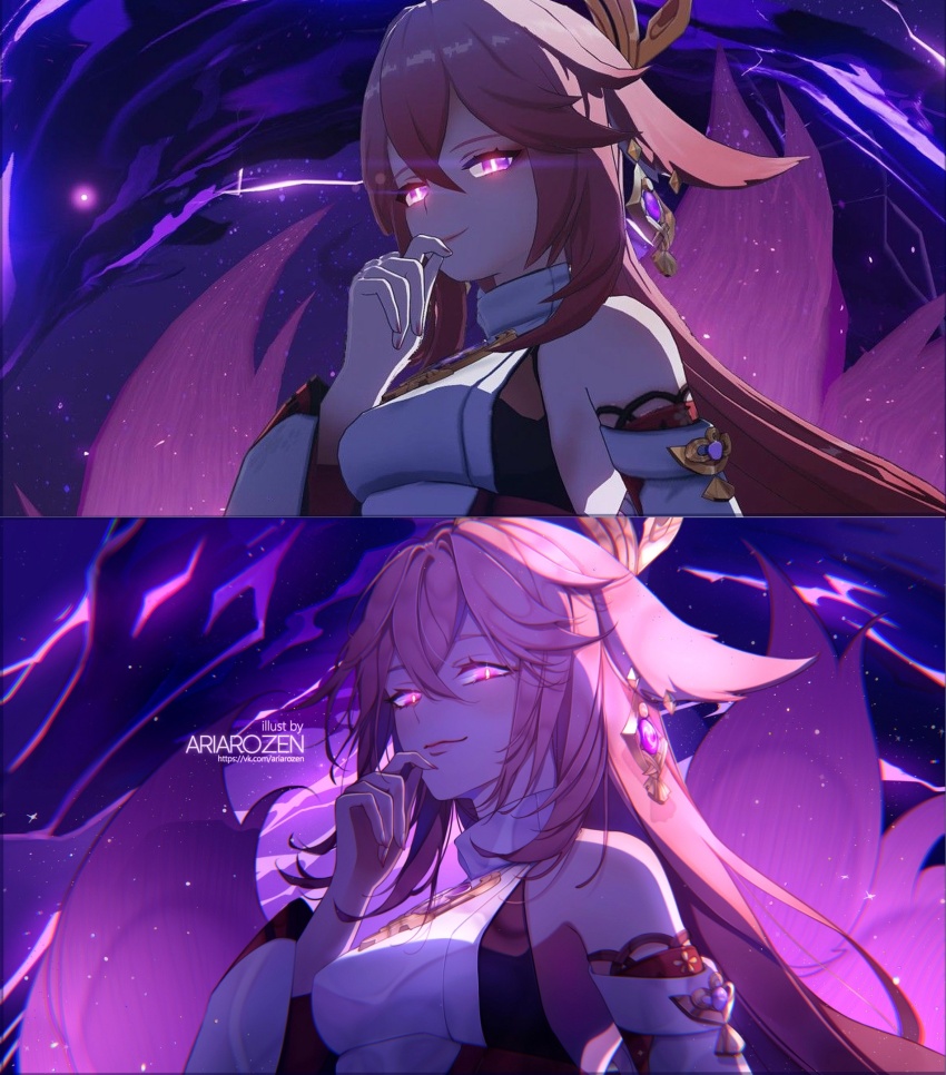 1girl animal_ears ariarozen268818 evil_smile extra_tails fox fox_ears fox_girl fox_tail genshin_impact glowing glowing_eyes highres looking_at_viewer nontraditional_miko purple_eyes slit_pupils smile solo tail yae_miko