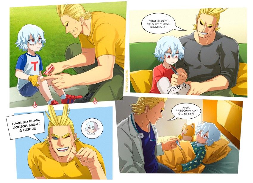 2boys ;d aged_down all_might alternate_costume bandaid bandaid_on_knee bandaid_on_leg black_sclera blue_eyes blue_shirt boku_no_hero_academia broken_arm clenched_hand colored_sclera english_text grin hair_between_eyes hand_up highres looking_at_another lying male_focus mole mole_under_mouth multiple_boys muscular muscular_male on_back one_eye_closed open_mouth outdoors raglan_sleeves shigaraki_tomura shirt short_hair sick smile speech_bubble stuffed_animal stuffed_dog stuffed_toy teeth trevo_(trevoshere) white_hair white_shirt yellow_shirt