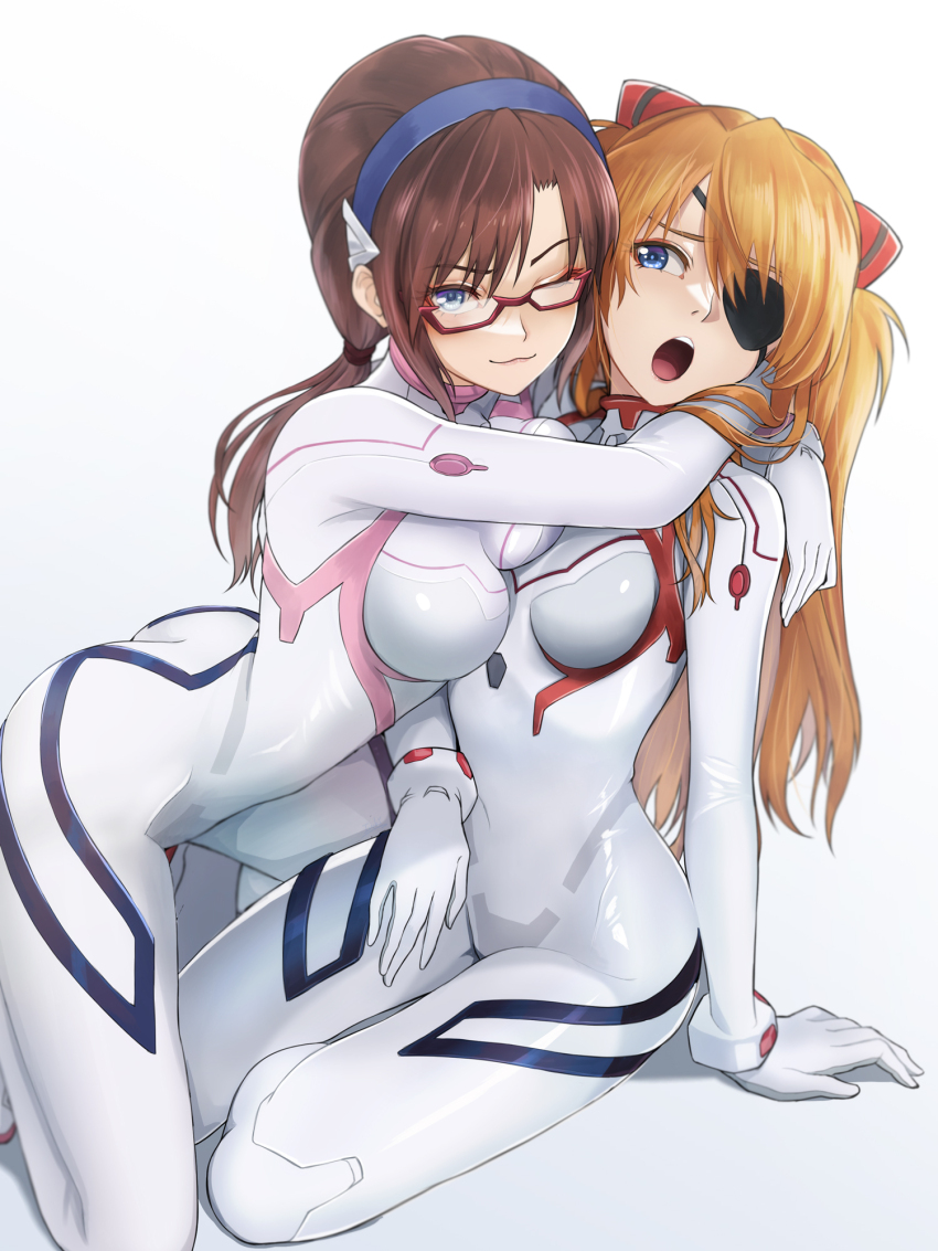 2girls :3 :o ass blue_eyes bodysuit breasts commentary_request evangelion:_3.0+1.0_thrice_upon_a_time eyepatch glasses hair_ornament hairband highres hug interface_headset_(evangelion) ivuki large_breasts long_hair makinami_mari_illustrious mecha_pilot_suit medium_breasts multiple_girls neon_genesis_evangelion official_alternate_costume orange_hair plugsuit_(evangelion) rebuild_of_evangelion red-framed_eyewear simple_background skin_tight smile souryuu_asuka_langley twintails white_bodysuit yuri