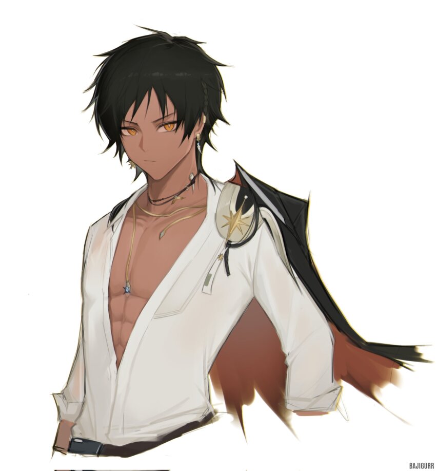 1boy abs arknights artist_name bajigurr black_hair bright_pupils collarbone commentary corrupted_twitter_file cropped_torso dark-skinned_male dark_skin ear_piercing earrings english_commentary highres jewelry light_frown looking_at_viewer male_focus official_alternate_costume piercing shirt short_hair simple_background sleeves_rolled_up solo thorns_(arknights) thorns_(blade-cleaved_tides)_(arknights) white_background white_pupils white_shirt yellow_eyes