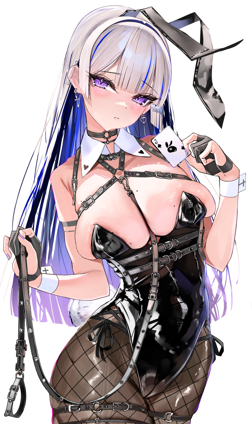 1girl absurdres animal_ear_hairband animal_ears areola_slip bdsm black_choker black_leotard blue_hair breasts card choker closed_mouth collar colored_inner_hair cross cross_earrings ear_piercing earrings fake_animal_ears fishnet_pantyhose fishnets gloves gradient_hair grey_hair hairband harness heart heart_earrings highres holding holding_card holding_leash jack_(playing_card) jack_of_hearts jewelry leash leotard lumium mismatched_earrings multicolored_hair multiple_moles o-ring o-ring_choker original pantyhose partially_fingerless_gloves piercing playboy_bunny purple_eyes purple_hair purple_nails rabbit_ear_hairband rabbit_ears rabbit_tail slave solo streaked_hair tail white_collar white_wrist_cuffs wrist_cuffs